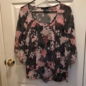 Black and pink floral top with flowing over layer